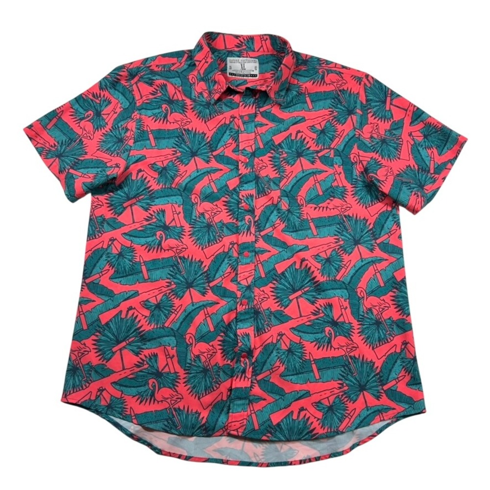 Savage Tacticians Mens XL Pink Teal Flamingo Rifle Tropical Snap Front Shirt